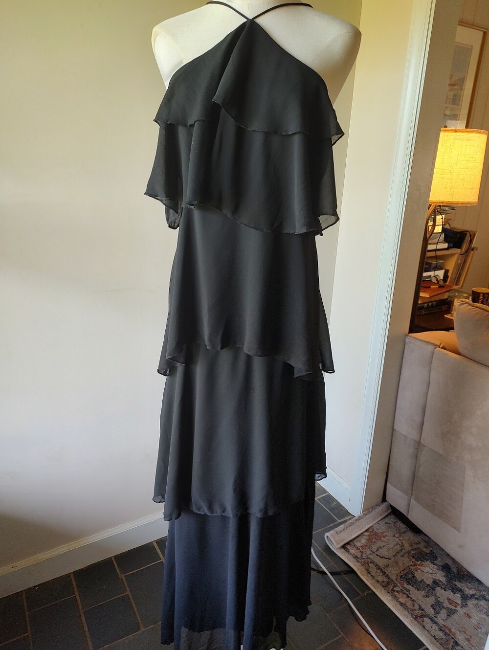 Soly Hux Black Chiffon Tiered Halter Maxi Dress Medium